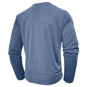 Back view of men's long sleeve waffle knit henley shirt in grey blue marl texture
