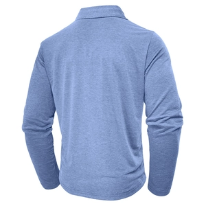 Back view of light blue men's long sleeve polo shirt with premium textured fabric