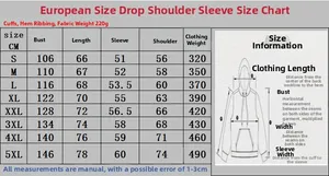 Detailed size chart for dropped shoulder hoodie including S to 5XL measurements and weight