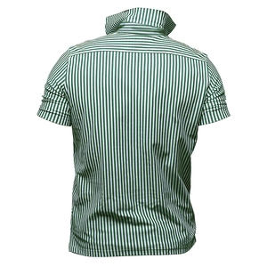 Rear view of men's short sleeve polo shirt featuring green and white vertical stripes