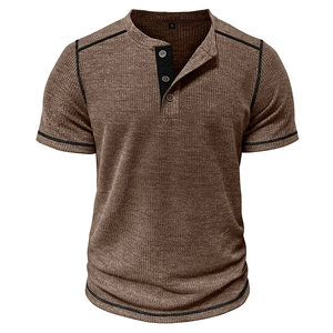 Detail of waffle knit fabric and black contrast stitching on men's brown Henley shirt