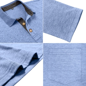 Detail of light blue knit Polo shirt showing contrast collar, buttons, and chest pocket