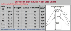 Size chart for unisex hoodie showing chest, length, and sleeve measurements in EU sizes