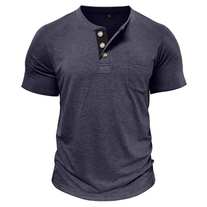 Close-up of three-button Henley collar and chest pocket on charcoal grey knit shirt