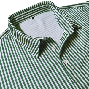 Detail of green and white vertical stripes on breathable mesh fabric with buttons