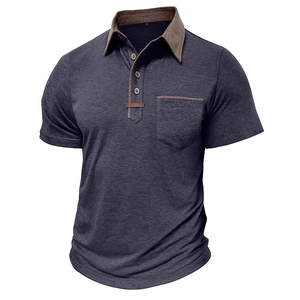 Detail of grey polo shirt with brown waffle collar, pocket, and button placket