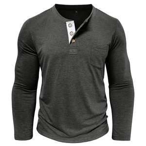 Close-up of charcoal gray men's long sleeve Henley shirt with chest pocket and buttons