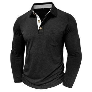 Detail of dark gray men's long sleeve polo shirt with chest pocket and wood buttons