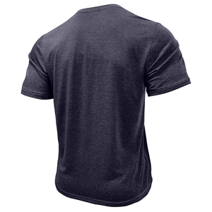 Detail of heather charcoal knit T-shirt showing back shoulder seam and fabric texture