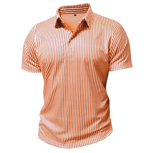 Detail of breathable honeycomb texture and orange stripes on men's polo shirt
