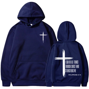 Detail view of navy blue hoodie showing cross logo and Bible verse on the back