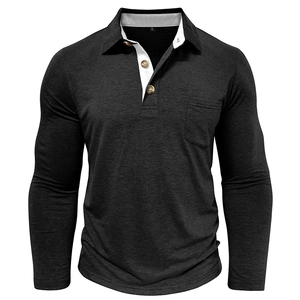 Detail of grey long sleeve polo shirt with white collar, chest pocket and buttons