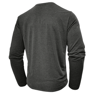 Back view of a charcoal grey men's long sleeve henley t-shirt in soft heathered fabric