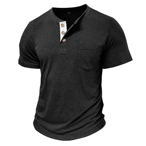 Detail view of charcoal gray Henley shirt collar with three buttons and chest pocket