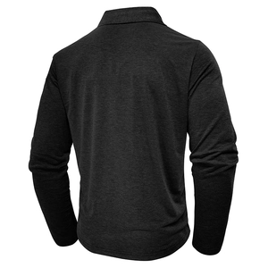 Rear view of long-sleeve men's polo shirt in dark grey melange textured fabric