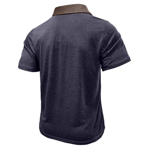 Rear view of heathered navy polo shirt with brown contrast collar detail for men
