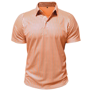 Detail of orange and white striped short sleeve polo shirt showing collar and texture