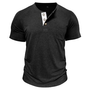 Detail of dark grey Henley shirt featuring a white contrast placket and chest pocket