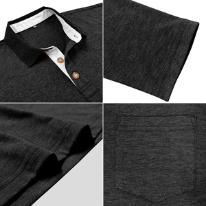 Detail view of heather grey Polo shirt featuring wood buttons and contrast white collar