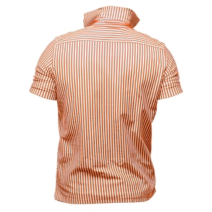Back view detail of lightweight orange and white striped short sleeve polo shirt