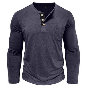 Close-up of three-button Henley neckline and chest pocket on long sleeve knit shirt