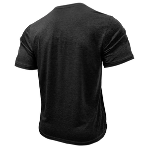 Rear view detail of men's heather charcoal short sleeve t-shirt with knit texture