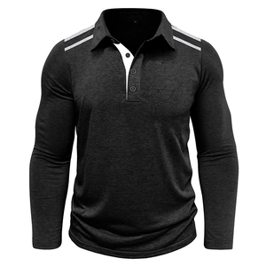 Detail view of Men's Long Sleeve Polo with white stripes on shoulder and size L tag