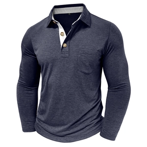 Detail showing navy heather fabric texture and wood buttons on long sleeve polo shirt