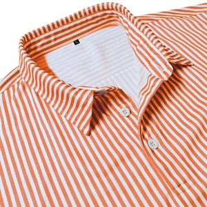 Detail of orange and white striped polo shirt collar with buttons and XL size label