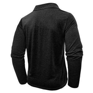 Back view of long sleeve polo shirt in heather grey knitted fabric with polo collar