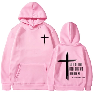 Pink religious hoodie with cross and Bible verse Philippians 4:13 front and back view