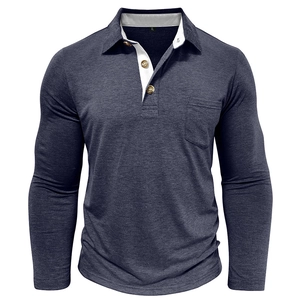 Detailed view of dark blue long-sleeve Polo shirt with white collar and chest pocket