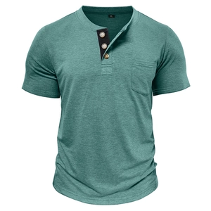 Detail of men's short sleeve Henley shirt with contrast 3-button placket and chest pocket