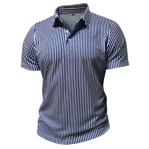 Detail of blue and white striped men's polo shirt featuring classic collar and XL label