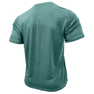 Back view of a teal heathered knit Henley T-shirt for men shown on a ghost mannequin