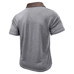 Men's short sleeve polo shirt in heather grey with brown contrast collar from back view