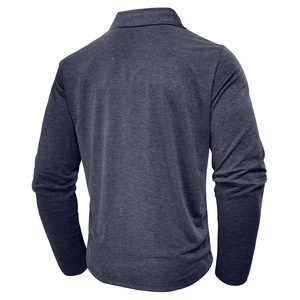 Rear view of men's long sleeve polo shirt in dark gray heathered elastic fabric