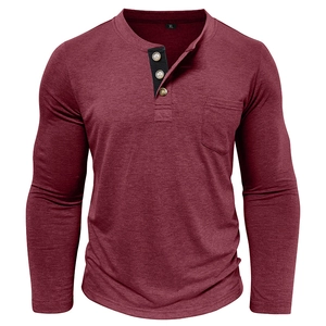 Macro detail of men's burgundy Henley shirt with three buttons and chest pocket