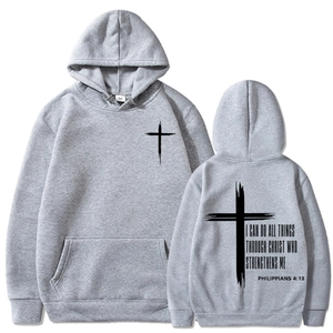Light gray Christian hoodie featuring cross print and Philippians 4:13 verse design