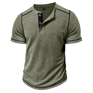 Detail of olive green waffle knit fabric and three-button collar on men's Henley shirt