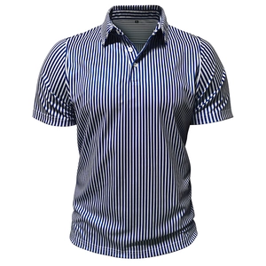 Close-up of blue and white striped men's polo shirt showing button neck and fabric texture