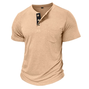 Detail of khaki Henley shirt showing navy contrast placket, three buttons and chest pocket