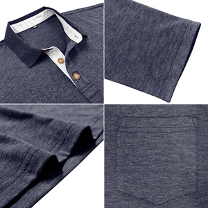 Detailed views of men's blue polo shirt featuring collar, wood buttons and chest pocket