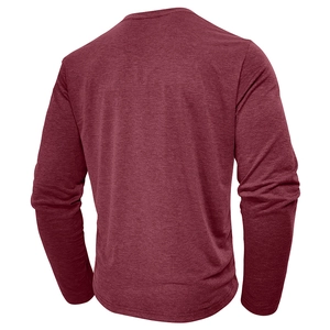 Detail view of the back of a men's burgundy heathered long-sleeve Henley shirt