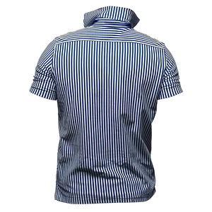 Detail view showing back cut of a men's blue and white vertical striped short sleeve polo shirt