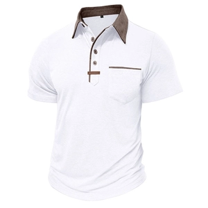 Detail of white men's polo shirt featuring brown contrast collar and chest pocket texture