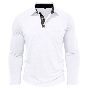 Detailed view of white long-sleeve polo shirt with contrast collar and wood-style buttons