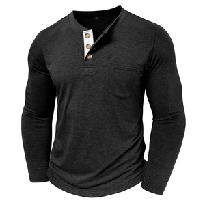Detail of charcoal grey Henley shirt with three-button placket and contrast collar
