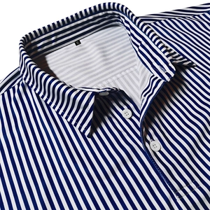 Macro detail of breathable blue white striped fabric and polo collar with XL size tag