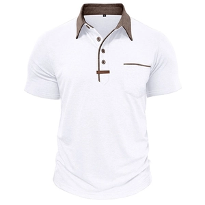 Detail of white polo shirt with brown contrast collar, chest pocket and leather trim